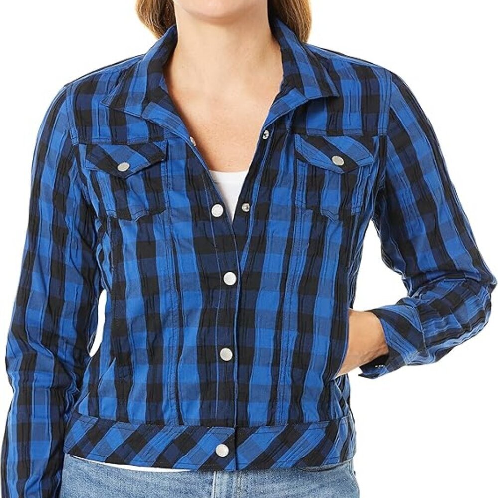 Foxcroft | Women's Tina Buffalo Crinkle Check Jacket Blue and Black Size 12P